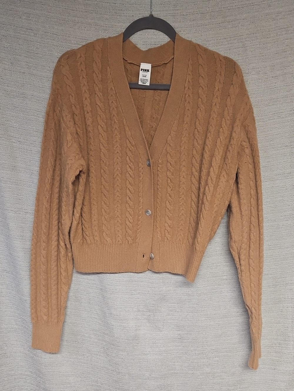 PINK Victoria's Secret Camel Cable Knit V‑Neck Button Cardigan